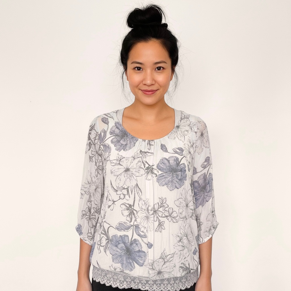 GIUSY Silk Blouse M Watercolor Floral Print Delicate Lace Hem Elegant Tunic